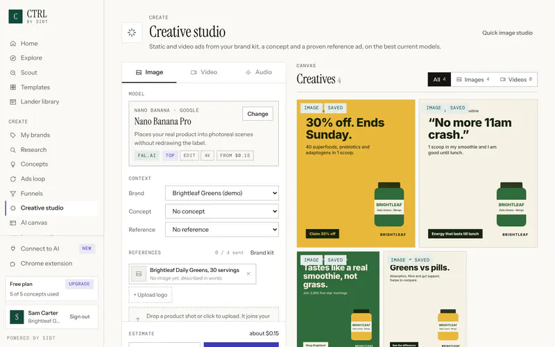 CTRL Creative studio: model picker, brand context and finished static ads for a demo brand