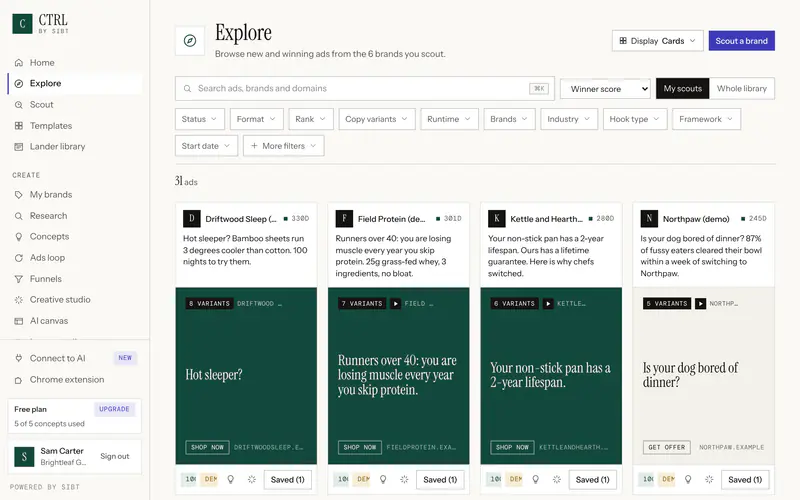 CTRL Explore: demo brands' ads ranked by winner score, with filters for format, hook and framework
