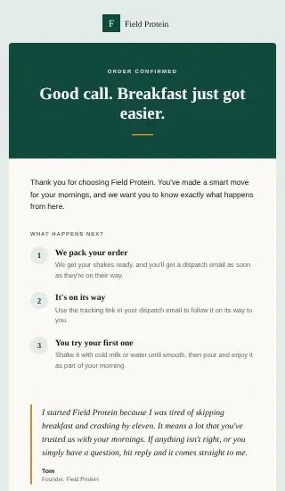 Post-purchase 1: Thank you and what happens next, shown with a sample brand