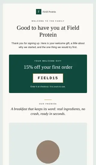 Welcome 1: Brand story and welcome offer, shown with a sample brand