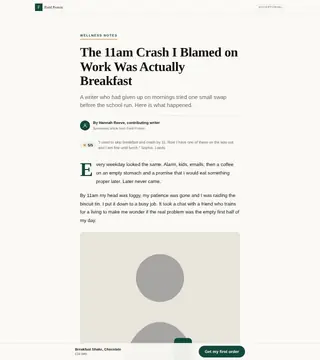 Advertorial: story-led editorial pre-sell, shown with a sample brand