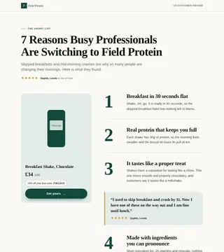 Listicle: 7 reasons people are switching, shown with a sample brand