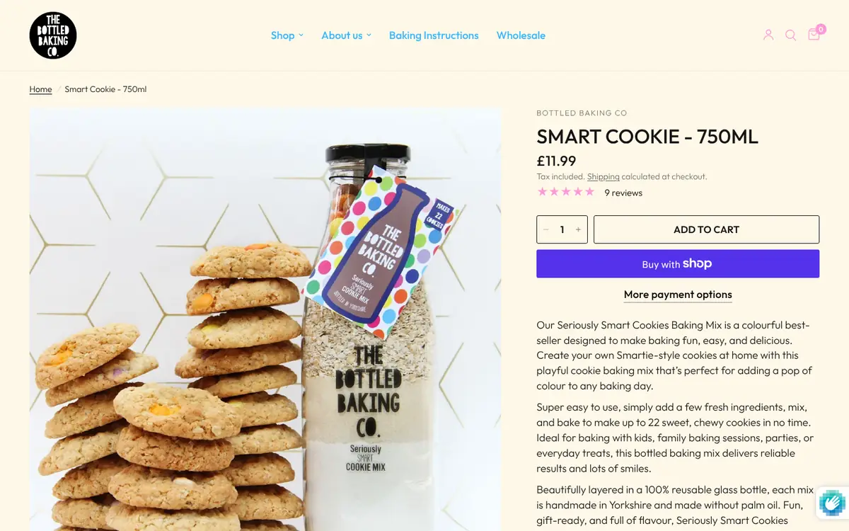 A Bottled Baking Co product page on desktop