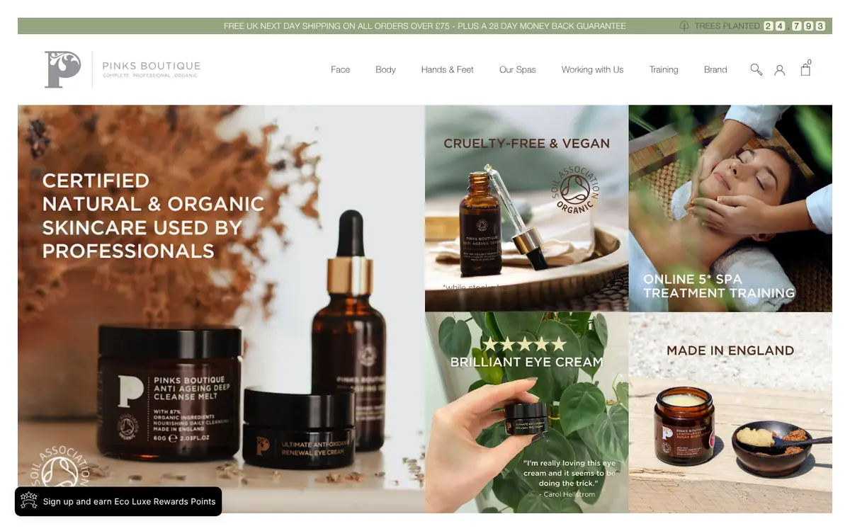 Pinks Boutique homepage on desktop