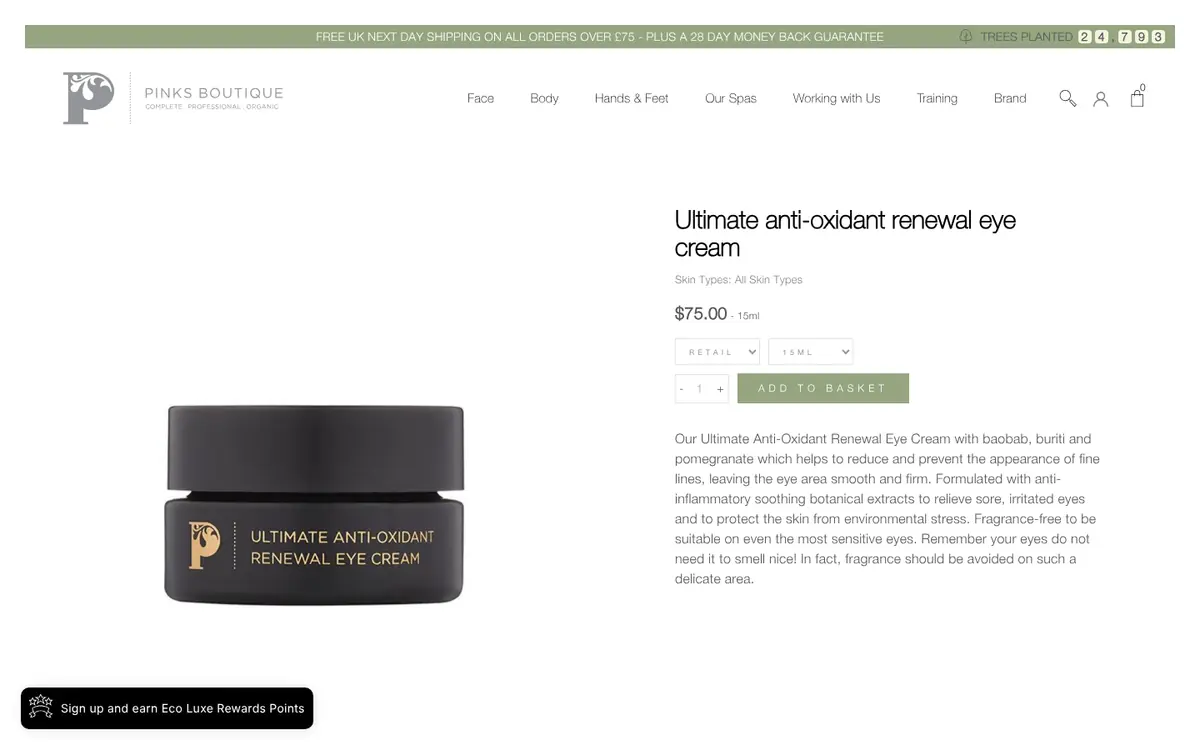 A Pinks Boutique product page on desktop